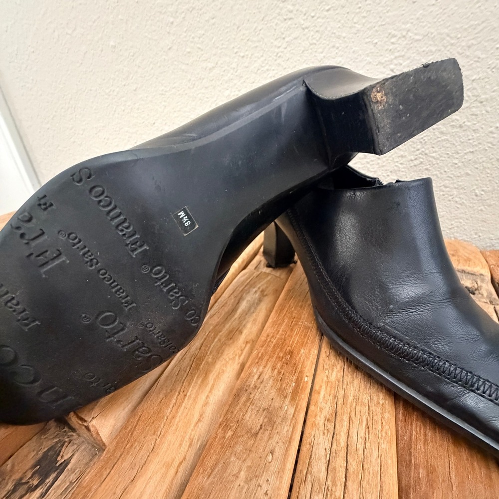 Franco Sarto Black Leather Square Toe Shooties Whipstitch Block Heel Ankle Boots - Picture 4 of 6